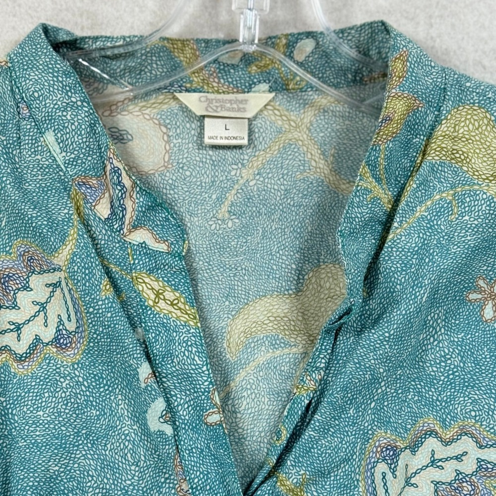 Christopher & Banks Teal Floral Paisley Cotton Button Up Blouse Top Large BOHO